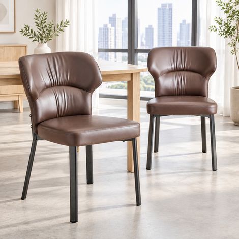 Lot de 2 chaises de salle à manger en cuir régénéré marron, assise et dossier rembourrés, piètement en métal noir, compactes pour cuisine ou salon – CHICFURN (1/5)