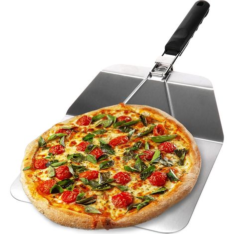 (argenté/noir - anguleux)pelle à pizza en acier inoxydable - pelle à pizza et à gâteau avec poignée pliable - poussoir à pizza pour pizza, tarte flambée, petits pains et pain