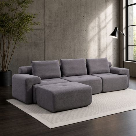 Sofá esquinero modular, sin estructura, en L, asiento profundo, tejido de tela gris oscuro (1/5)