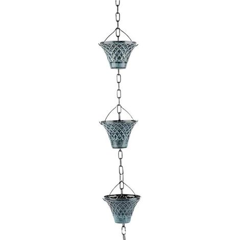 Chaîne de pluie de 2,7 m pour décoration de jardin en extérieur - Bronze bleu fer géométrique - Fixation de gouttière artistique facile à installer (bleu) (1/5)