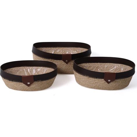 Cestino in ecorattan marrone e naturale e pvc, Ø27x23x10 cm (kit da 3)