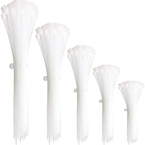 Lot de 300 Pièces Serre Câble Blanc Plastique Lourd Collier de Serrage Nylon Attaches Cable Zip Ties Assortiment 100/150/200/250/300mm de Long, 2,5/3,6mm de Large (1/5)
