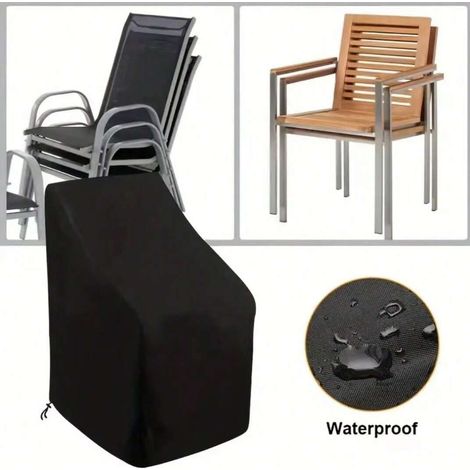 1 pièce Housse pour chaise d'extérieur empilable, imperméable et anti-poussière, pour mobilier de jardin et patio, en tissu Oxford 210D, résistant à toutes conditions, noire avec cordon. (1/5)