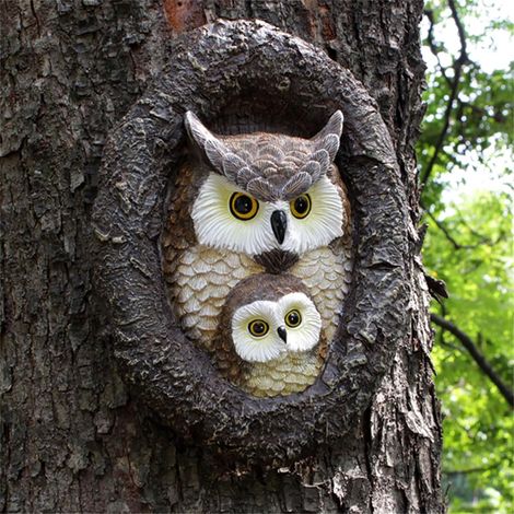 Statues de jardin en forme de chouette - Décoration d'extérieur - Fausse chouette maman et bébé pour effrayer les oiseaux - Décoration en résine - Décoration de jardin - Cadeau de pendaison (1/5)