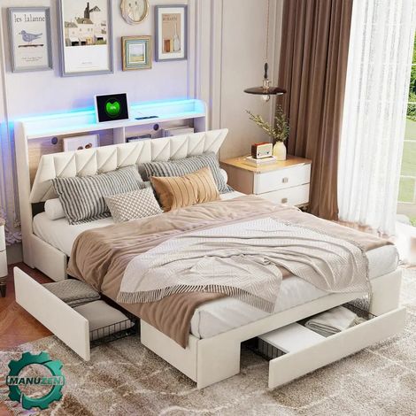 Manuzen - Lit double avec rangement, LED et USB, 140 ou 160 × 200 cm — Superaly (1/5)