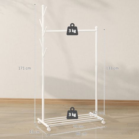 Cintre à vêtements à roulettes, 5 crochets, étagère à chaussures en bas, structure en métal, capacité de charge de 9 kg, blanc. (1/5)