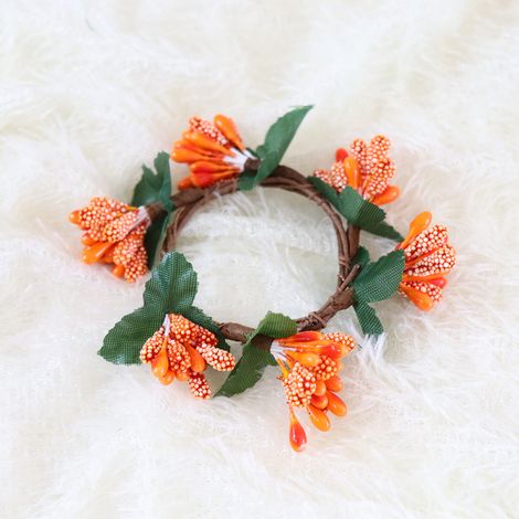 Runder orangefarbener Serviettenring, Kerzenständerring, Gesichtsperlen, Staubgefäße, künstliche Beeren, Weihnachtskranz, orangefarbenes Thanksgiving-Dekor (1/4)