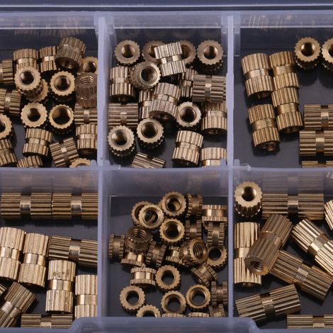 150-teiliges Sortiment an M3-Messing-Rändelmuttern mit Gewindeeinsätzen in Kunststoffbox (1/5)