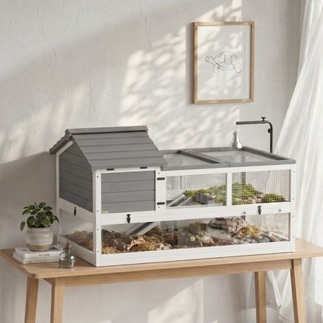 Enclos en bois pour tortues, comprenant deux abris principaux, toit à charnières, douille pour lampe, gris (1/4)