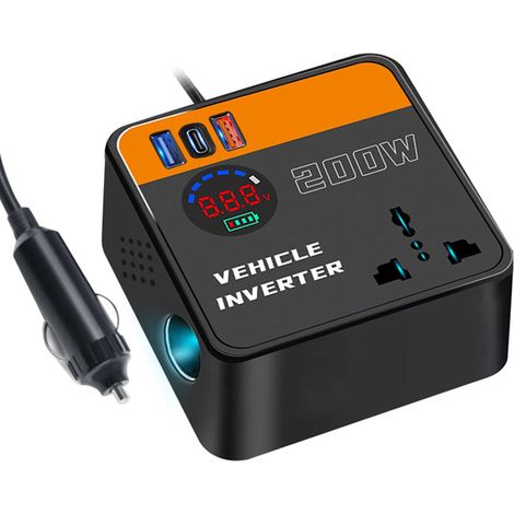 Convertisseur Voiture 200W 12V 220V Convertisseur de Tension Camion avec Type-C & Port USB, Onduleur Transformateur avec Allume Cigare Prise Electrique pour Voiture, Caravane, Camping (1/5)