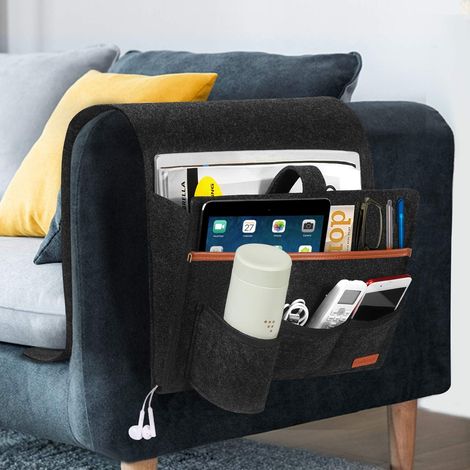 Organiseur à Suspendre pour Canapé Chaise, 4 Poches Sac de Rangement Housses de Canapé mit Porte-Bouteille pour Bouteille, Télécommande, Tablettes, Téléphone, Livre, Crayon - Gris foncé (1/5)