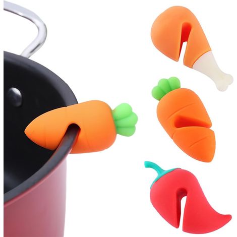 BEBUSINGOTO 3 piezas soportes antiderrames para tapas, elevadores de tapa de silicona resistentes al calor, reutilizables, para sopas y utensilios de cocina de silicona resistentes al calor. (1/5)