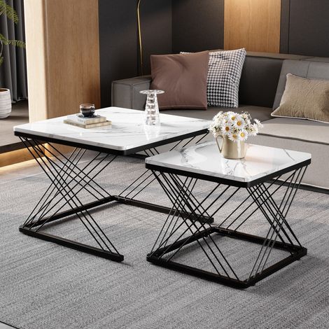 Lot de 2 tables basses gigognes laquées - 60cm et 45cm - Effet marbre blanc haute brillance et pieds réglables - Moderne - Blanc (1/5)