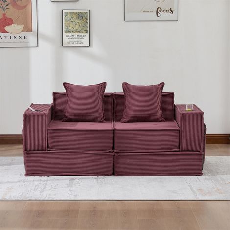 Canapé Convertible 2 Places en Velours Côtelé - 162x78x66 cm - Canapé Modulable avec Pouf, Rangement et Porte-Gobelets - Rouge Vin (1/5)