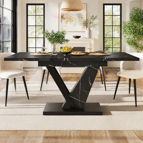 DESMIU Table de salle à manger extensible avec plateau effet marbre noir, pieds réglables, pour cuisine et salon (1/5)
