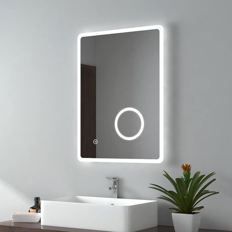 EMKE Bathroom Mirror with Shaver Socket Backlit LED Illuminated Bathroom Mirror with Demister, 3X Magnify Makeup Touch Mirror, 500x700mm