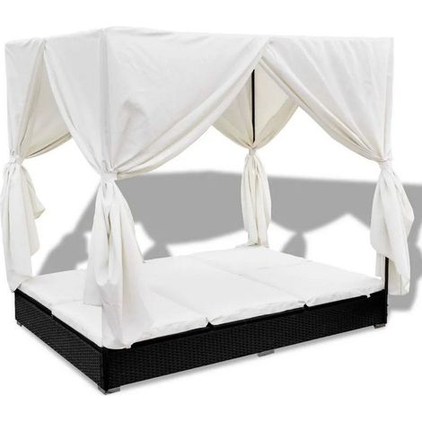 Lit de jardin avec rideaux résine noire et tissu blanc Uvo (1/5)