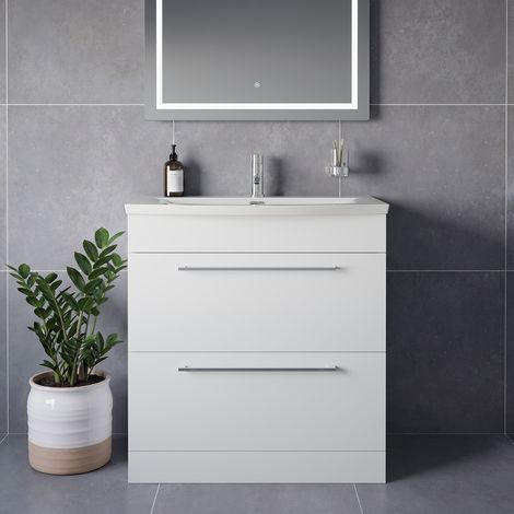Napoli 390 Gloss White 800mm 2 Drawer Vanity Unit with Arc Basin - 800mm - Chrome 480mm Handle