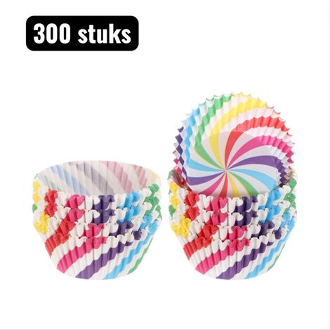 300 pièces - Moules à pâtisserie - Cupcakes rayés colorés - Caissettes en papier pour muffins, chocolats et boules de riz gluant - Emballage festif - Accessoires de pâtisserie (1/5)
