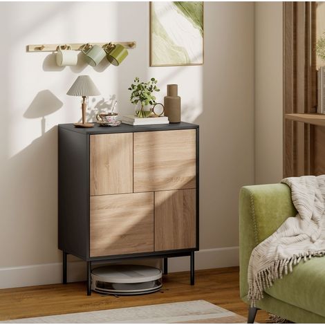 Aparador negro en madera y metal con 4 compartimentos y puertas push-to-open (1/3)