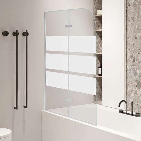 Jiubiaz Pare-baignoire gain de place 2 panneaux, H.140 x l.100 cm, verre sérigraphié à bandes blanches, profilé alu argenté (1/5)