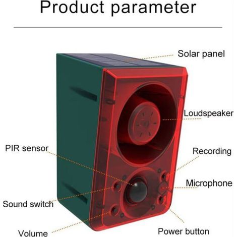 Alarme de détecteur de Mouvement Solaire extérieur - aboiement de Chien et Coup de feu, générateur de Bruit 130dB avec télécommande (1/5)