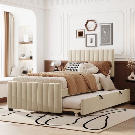 lit enfant lit simple gigogne 90x190 velours beige OKMYHOME (1/5)