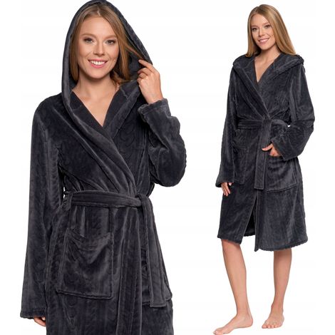 Bata de baño cálida para mujer con capucha y bolsillos, ideal para regalar, talla XL, color grafito. (1/5)