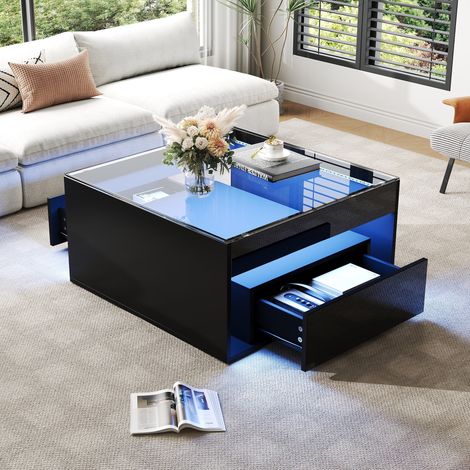 Table Basse Carrée - 70x70x35cm - avec Plateau en Verre Trempé & 2 Tiroirs - LED RVB Connecté par App pour Salon - Noir Laqué (1/5)