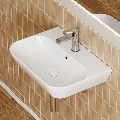 HOROW Lavabo sospeso in ceramica, 56 x 40 cm, bianco, rettangolare, da parete o da appoggio, con troppopieno e foro per rubinetto, interasse 28 cm (1/5)