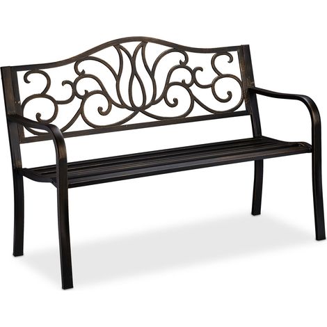 Relaxdays Banco Jardín Antiguo, 2 Personas, Asiento Metal, Balcón y Terraza, 90 x 127,5 x 63 cm, Acero, Negro y Bronce