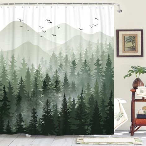 JSSEVN - Sage Green Mist Shower Curtain Set in Waterproof Fabric with Tropical Forest and Woodland Pattern - 180 x 180 cm - Green (1/5)