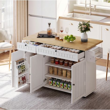 Isola da Cucina con Piano Ribaltabile, 2 Cassetti, Armadietto, Porta Spezie e Porta Asciugamani, 137 × 70 × 89,5 cm (1/5)