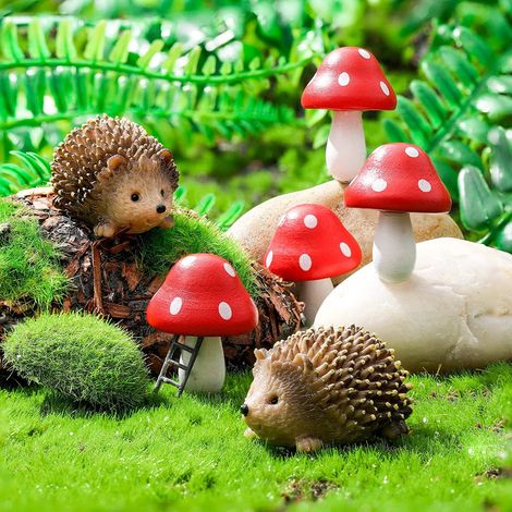 Ensemble de 12 sculptures miniatures de hérissons et de champignons pour jardins – paysages miniatures, décorations de bonsaï (1/5)