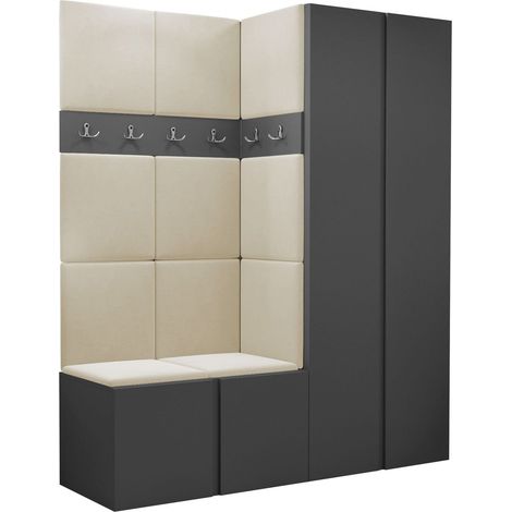 Meuble d'entrée Pinis III, Polo 872, 186x158x46cm, Stratifié, Tissu, Murale, À poser
