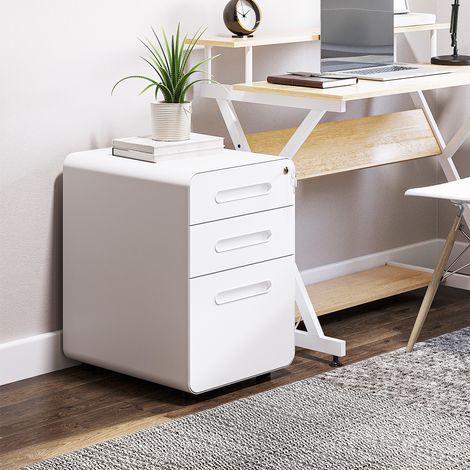 Vinsetto Rollcontainer mit 3 Schubladen mobiler Aktenschrank mit Rollen abschließbar Büroschrank mit Hängeregistratur Stiftfach, Bürocontainer Schreibtisch Unterschrank für Büro 39x48x59cm Weiß (1/5)
