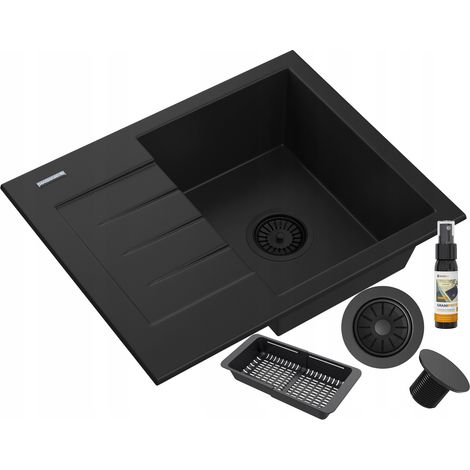Évier en Granit Noir 1 Bac avec Égouttoir Milano - Set Complet avec Siphon, Panier Pliable, Bouchon et Imprégnant (1/5)