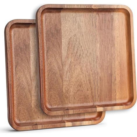 Lot de 2 plateaux de service carrés en bois d'acacia, 20,1 cm x 20,1 cm pour café, fruits, pain, fromage (1/5)
