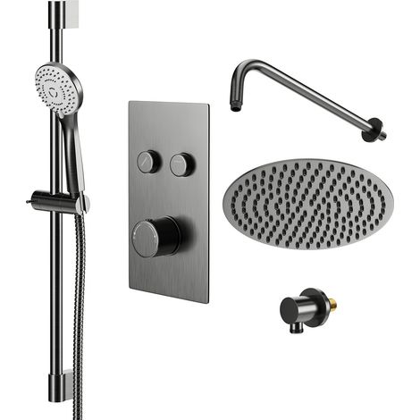 Colore Round Gunmetal Grey Concealed Push Button Twin Thermostatic Shower Valve Including 200mm Fixed Shower Head with Wall Arm and Slide Rail Kit - 2 Outlet (1/5)