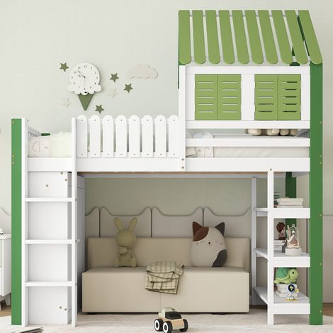 Cama alta de 90 x 200 cm - cama infantil con techo y ventana, espacio de almacenamiento con armario, estantería y escalera, pino + MDF, blanco + verde