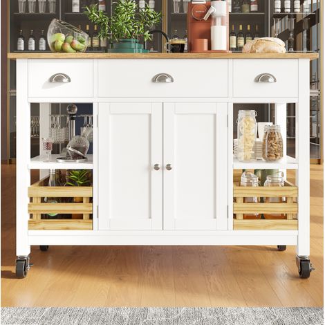 Kücheninsel 120x45x90 cm Weiß/Natur MDF mit klappbarer Platte und Stauraum (1/5)