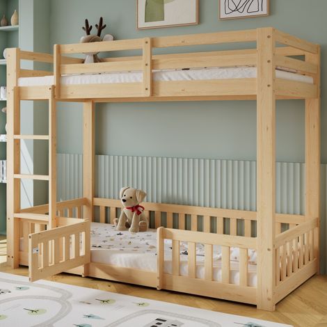 Lit superposé bois pin/LVL avec escalier sécurisé, balustrade et protection antichute, 90x200 cm, naturel (sans Matelas) (1/5)