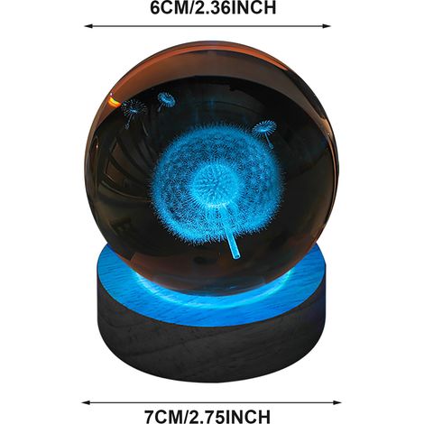 Veilleuse Boule Pissenlit 6cm LED Multicolore avec Socle Bois Rond 7cm USB Décoration Lumineuse Cristal (1/5)