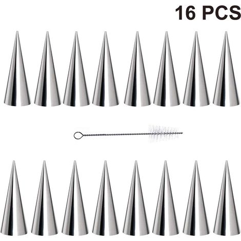 Lot de 16 moules à cornets à la crème, cônes de 14 cm, tubes en acier inoxydable, avec 1 brosse de nettoyage.