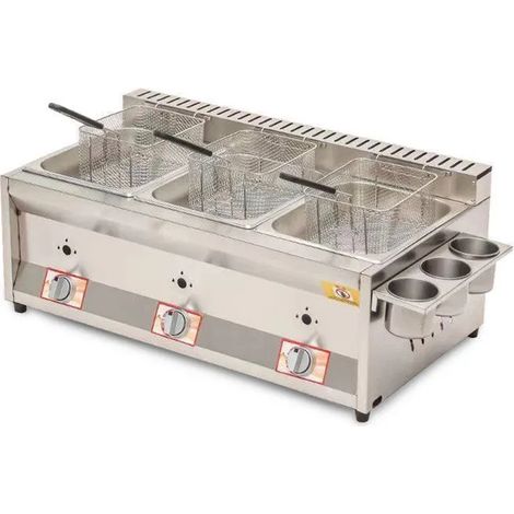 Friteuse à gaz de grande capacité (33 litres), équipée d'un panier amovible et d'un couvercle, modèle professionnel, puissance réglable, trois bouteilles de gaz (1/5)