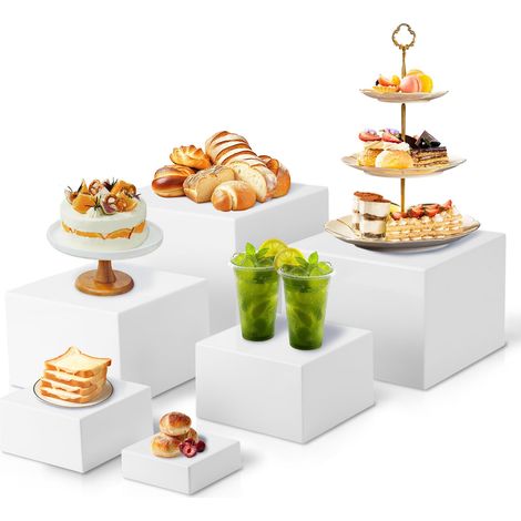 Lot de 6 Support à Buffet, Presentoir a Gateau Cube Présentoir Acrylique Emboîtable avec Fonds Creux pour Desserts, Buffets, Cosmétiques, Pièces de Collection Display (Blanc) (1/5)