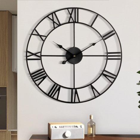 Wanduhr für Wohnzimmerdekoration, batteriebetrieben, 40 cm (schwarz), Retro-römische Ziffern, große, moderne, runde, leise Wanduhr aus Metall für Wohnzimmer, Schlafzimmer, Küche (1/5)