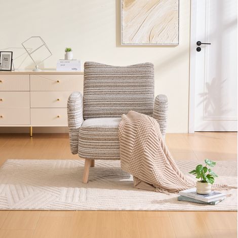 REDOM - Fauteuil de lecture avec poche latérale, dossier ergonomique, pieds en bois, tissu bouclé kaki (1/5)