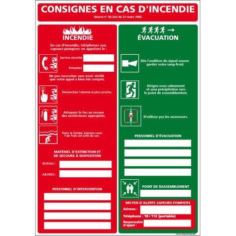 CONSIGNES EN CAS D'INCENDIE - EVACUATION (A0511) - Adhésif - 150 x 210 mm