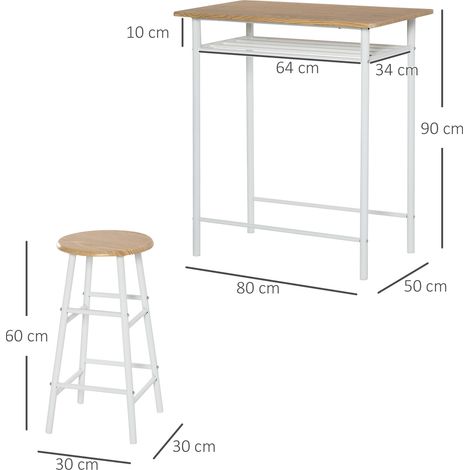 Ensemble repas 3 pièces, table haute et 2 tabourets de bar, table bistrot avec rangement intégré, meuble cuisine en panneaux MDF et acier, finition blanc et chêne, dimensions 80 x 50 x 90 cm, set tabl (1/5)